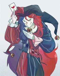 a drawing of a woman with red hair holding a card