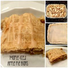 apple pie bars with caramel icing and almonds on top, before and after baking