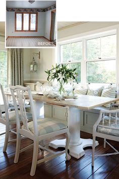 a dining room table and chairs in front of a window with the same color scheme