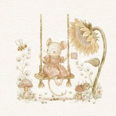 a drawing of a teddy bear sitting on a swing with flowers and mushrooms around it