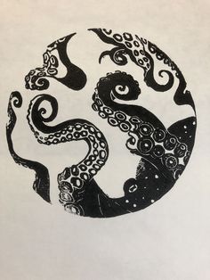 an octopus is in the middle of a circle with swirls and waves on it