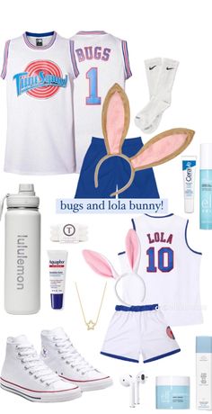 a white shirt, blue shorts, and pink bunny ears is featured in this image