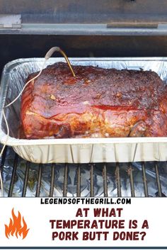 A pork butt in the smoker with a meat thermometer in it Pork Roast Temperature When Done, Boneless Pork Butts In The Oven, Best Pork Roast Recipe, Gas Grill Recipes, Smoked Jerky, Smoker Ideas, Grilled Roast, Pork Roast Recipes, Kitchen Help