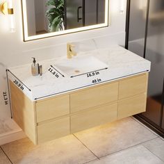 a bathroom vanity with two sinks and a large mirror