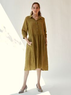 In The Moment Mustard Dress DRESSES IKKIVI Linen Dress Collar, Midi Linen Dress, Mustard Dress, Mustard Dressing, The Fine Print, Traditional Wedding Dresses, Nontraditional Wedding, Fine Print, All Love