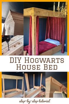 the diy hogwartts house bed is made from wood and has red curtains