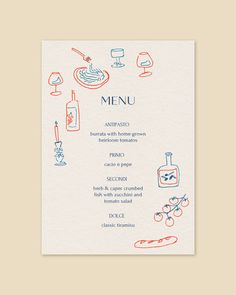 a menu with different types of food and drinks on the front, including wine glasses