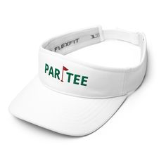 a white visor with the word part tee on it and a green golf flag