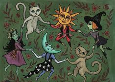 an image of cats and witches dancing in the air with sun on their head, moon on their back