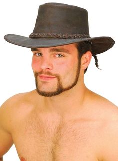 Brown leather cowboy hat with a braided leather hatband. This brown cowboy hat has a large metal stud in back that holds on the leather hatband. This western hat in brown leather features include a soft inside headband to wick away sweat, a denim lining, and a shape-able wire rim. Made of a heavy split cowhide leather. Shape that rim to make you feel like you're in the Australian outback or the wild west. Sizes: S, M, L, XL, 2XL. [3#] shape-able wire rim leather braid and tassel hat band metal stud on back soft nylon inside headband denim lining heavy duty split cowhide leather IMPORTANT SPECIFICATIONS: MANUFACTURER: This quality product is a Jamin Leather® brand or other reputable brand that matches or exceeds our quality standards, for the price.LEATHER: Split leather is firmer skin that Western Brown Hat With Leather Sweatband, Adjustable Western Brown Costume Hats And Headpieces, Western Style Adjustable Brown Costume Hat, Adjustable Brown Western Costume Hat, Rugged Brown Hat Bands For Western-themed Events, Country Style Brown Hat Band With Leather Sweatband, Country Style Brown Costume Hats And Headpieces, Brown Flat Brim Costume Hat For Rodeo, Brown Country Style Wide Brim Costume Hat