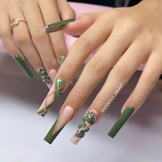 Olive Green Nails, Green Acrylic Nails, Peach Nails, Elegant Nail, Elegant Nail Art, November Nails, Elegant Nail Designs, Green Nail Designs