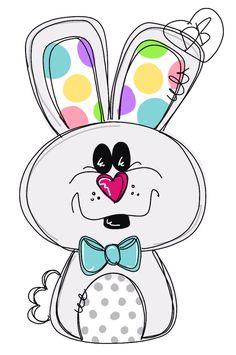 a cartoon bunny with a bow tie and polka dots on it's head, sitting in