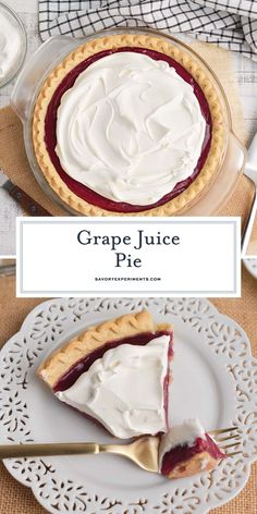 a close up of a pie on a plate with the words grape juice pie above it