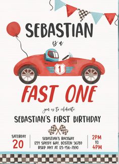 a red race car birthday party card with the words sebastian is fast one on it