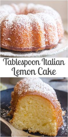 a lemon cake with powdered sugar on top is shown in two different photos and the bottom one has a bite taken out of it