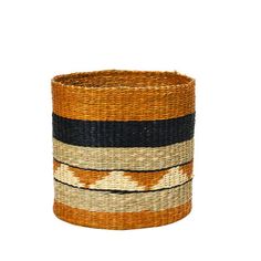 an orange and black striped basket on a white background with the bottom half painted brown