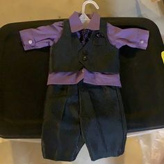 Baby Boys Suit With Vest, Tie, And Handkerchief. Size 0-3m But Closer To 3-6m. Never Worn- New Dark Grey Pin Stripe With Dark Purple Shirt. Dark Purple Suit, Dark Purple Shirt, Suit With Vest, Minnie Mouse Skirt, Capri Outfits, Purple Suits, Vest And Tie, Nike Tank