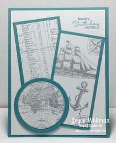 a close up of a greeting card with an image of a ship and compass on it