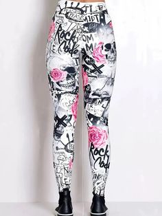 Unleash your inner rocker this Halloween and Dia de los Muertos with our Skull Floral leggings! With a bold black, white and pink skull print, these ankle-length leggings are perfect for working out or celebrating in style. Don't wait, grab a pair now and add some killer flair to your wardrobe! Product Details: Polyester/Spandex Ankle Length Lightweight Imported ⚠ WARNING: This product can expose you to BPA, which is known to the State of California to cause birth defects or other reproductive harm. For more information go to www.P65Warnings.ca.gov. Pink Sports Bottoms With Graphic Print, Pink Sports Shorts With Graphic Print, White Stretch Leggings For Streetwear, Trendy Stretch Leggings With Graphic Print, White Leggings For Streetwear, Casual Skull Print Leggings, Casual Skull Print Stretch Leggings, Casual Stretch Leggings With Skull Print, Casual White Leggings For Streetwear