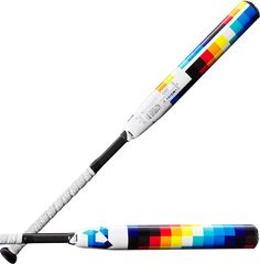 a multicolored baseball bat is on display