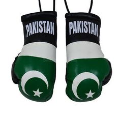 pair of green and white boxing gloves with the flag of pakistan