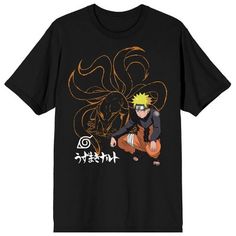 Celebrate your favorite anime series in style with this Naruto Shippuden tee. The shirt features an image of Naruto Uzumaki kneeling in front of line art of the Nine Tails beast while the Hidden Leaf Village symbol and white kanji letters appear at the bottom of the image. The tee comes in a black short sleeve crew neck. Fans of the Naruto Shippuden anime series will love this comfy cotton t-shirt.