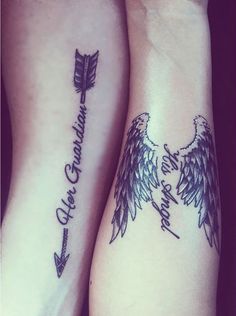 two tattoos on both arms with the words love and arrows