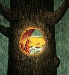 an image of a cartoon character looking through a hole in a tree