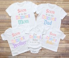 three shirts that say soon to be the happpiesh mom and son on them