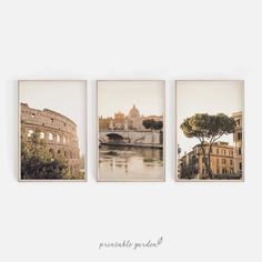 three framed photographs of the colossione bridge and river in rome, italy