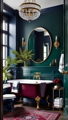 a bath room with a tub a mirror and a rug on the floor in front of it