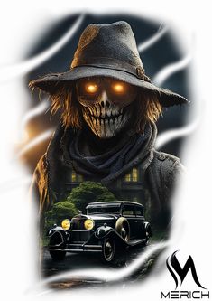 a skeleton wearing a hat and scarf next to an old car with glowing yellow eyes