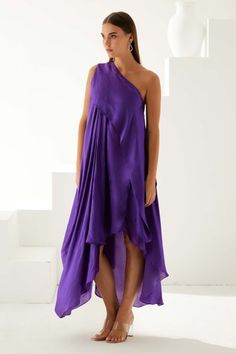 Violet one shoulder high-low dress in a pleated draped solid base. - Aza Fashions Draped Dress, Solid Dress, Women Dresses, Aza Fashion, Dresses Maxi, High Low Dress, High & Low, High Low, Violet