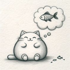 a drawing of a cat with a thought bubble above it and a fish in the air