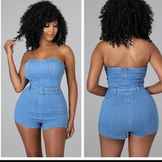 Strapless Denim Romper W/Belt Fitted Blue Denim Jumpsuit With Belt, Strapless Blue Denim Top For Night Out, Fitted Denim Jumpsuit With Belt, Fitted Belted Denim Jumpsuit, Black Denim Jumpsuit, Madewell Jumpsuit, Pinstripe Jumpsuit, Bell Sleeve Romper, Cropped Jumpsuit