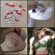 several pictures of different things made out of paper and wood, including an origami heart