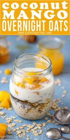 a jar filled with oatmeal sitting on top of a table