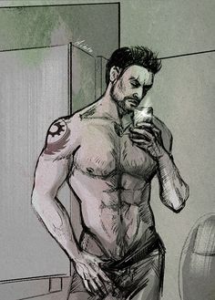 a drawing of a shirtless man holding a cell phone in his right hand and looking down