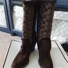 Never Worn Coach Wedge Heeled Boots. Winter Brown Coach Boots, Casual Brown Coach Boots, Brown Synthetic Wedge Heel Boots, Coach Boots, Wedge Heel Boots, Coach Shoes, Womens Shoes Wedges, Wedge Heels, Wedge Shoes