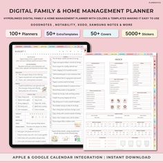 the digital family and home management planner is displayed on a tablet screen with an ipad next to it