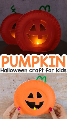 pumpkin paper plate craft for kids with text overlay that reads, pumpkin halloween craft for kids