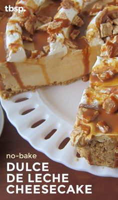 a slice of cheesecake with caramel drizzle on top