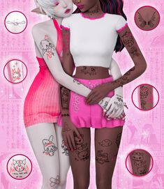 two women with tattoos standing next to each other in front of a pink background,