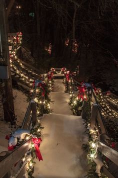 a walkway covered in christmas lights and garlands