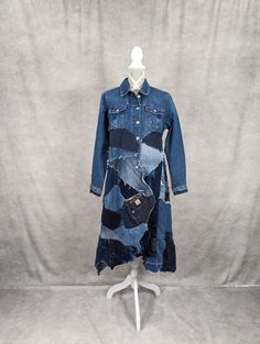 "Upcycled long denim patchwork jacket/trench. Frayed seams and jagged hem. Bust measures 38\" when buttoned. Length is approximately 41\"-47\"." Denim Patchwork Jacket, Denim Upcycle, Patchwork Jacket, Womens Jackets, Upcycled Fashion, Upcycled Denim, Denim Patchwork, Diy Sewing, Assemblage