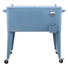 a large blue cooler sitting on wheels