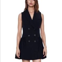 Cutest Little Black Blazer Dress Perfect For Date Night! Dress It Up With Heels Or Down With Tennis Shoes! Sleeveless Blazer Dress, Black Blazer Dress, Double Breasted Vest, Coats Black, Date Night Dress, Sleeveless Blazer, Fashion Inspiration Design, Zara Jackets, Inspired Dress