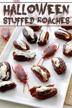 halloween stuffed dates on a white plate