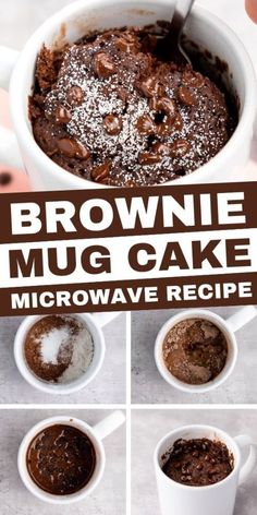 brownie mug cake in a white cup with chocolate toppings on top and below