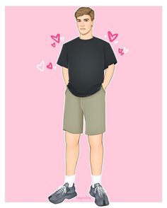 a drawing of a man in shorts and a t - shirt with hearts around him